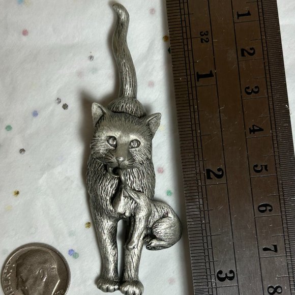 Vintage Signed JJ Silver Pewter Tone Mother Cat With Kitten Brooch Pin Kinetic - Picture 2 of 7